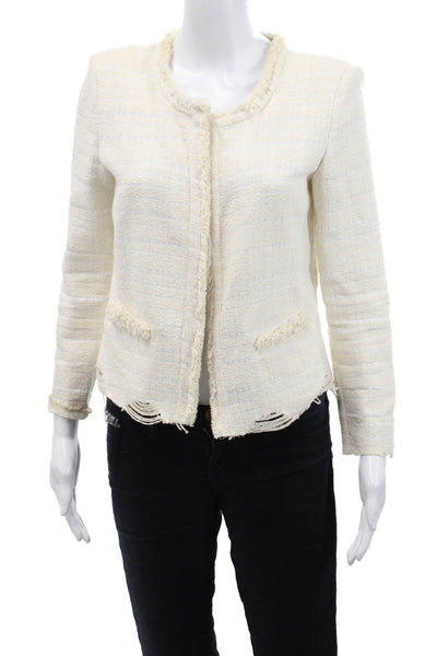 Iro Paris Womens Cotton Woven Distressed Hem Open Front Blazer Beige Size 38