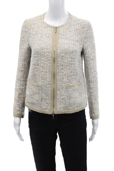 Piazza Sempione Womens Woven Tweed Print Round Neck Zip Up Jacket Beige Size 40