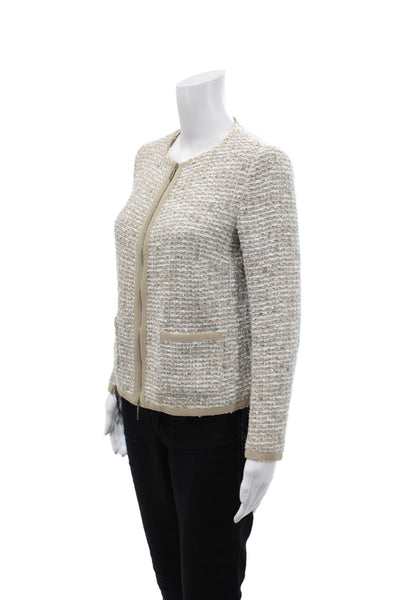 Piazza Sempione Womens Woven Tweed Print Round Neck Zip Up Jacket Beige Size 40