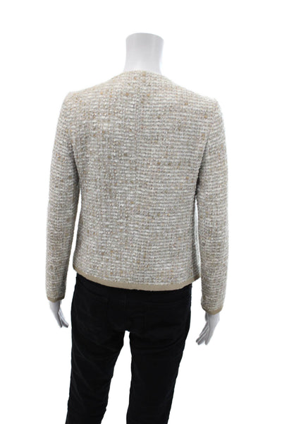 Piazza Sempione Womens Woven Tweed Print Round Neck Zip Up Jacket Beige Size 40