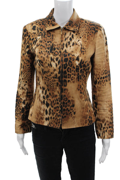 Dana Buchman Womens Linen Animal Print Collared Zip Up Jacket Brown Size 6