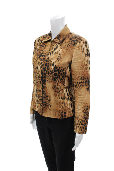 Dana Buchman Womens Linen Animal Print Collared Zip Up Jacket Brown Size 6
