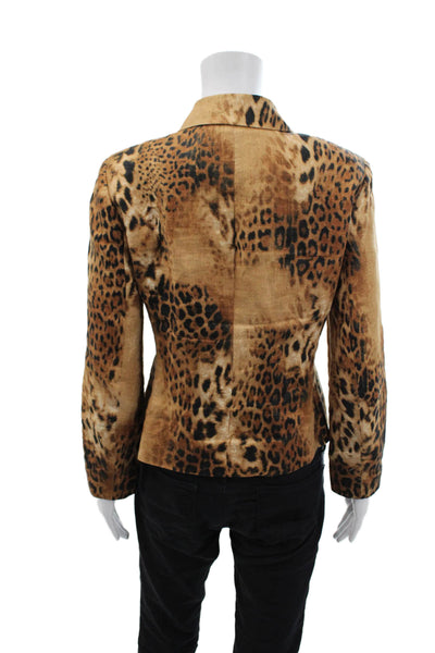 Dana Buchman Womens Linen Animal Print Collared Zip Up Jacket Brown Size 6