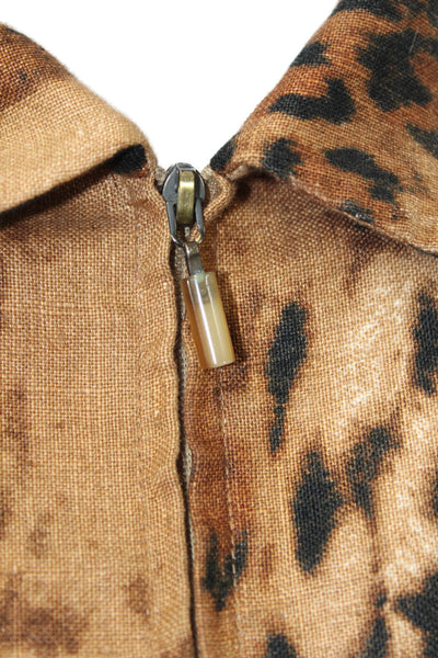 Dana Buchman Womens Linen Animal Print Collared Zip Up Jacket Brown Size 6
