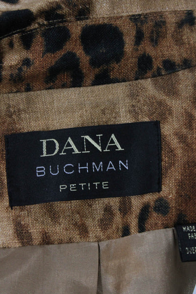 Dana Buchman Womens Linen Animal Print Collared Zip Up Jacket Brown Size 6
