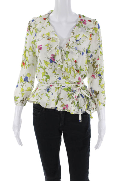 Milly Womens Textured V-neck Long Sleeve Floral Print Blouse White Size M