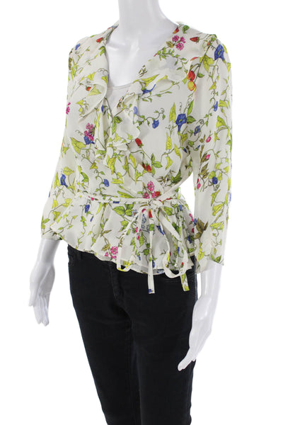 Milly Womens Textured V-neck Long Sleeve Floral Print Blouse White Size M