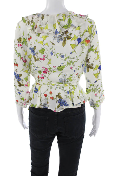 Milly Womens Textured V-neck Long Sleeve Floral Print Blouse White Size M