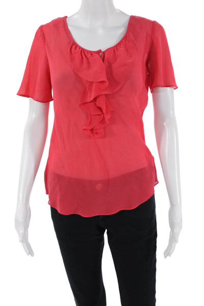 Thomas Pink Womens Silk Short Sleeve Ruffle Front Sheer Top Red Size 10