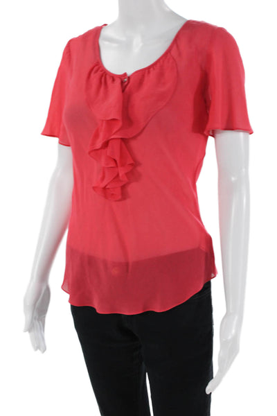 Thomas Pink Womens Silk Short Sleeve Ruffle Front Sheer Top Red Size 10