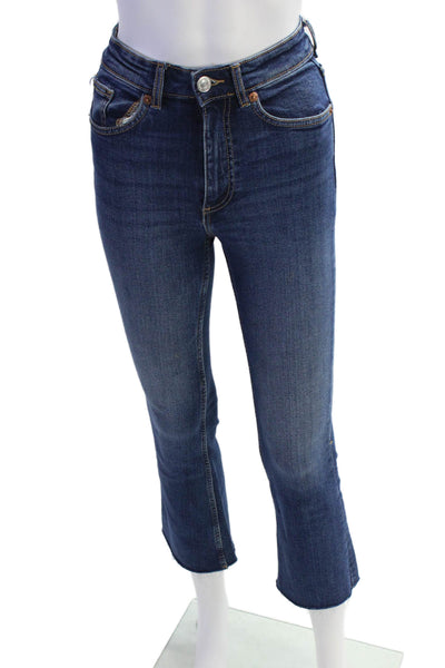 Zara Womens Zipper Fly High Rise Medium Wash Fringe Straight Jeans Blue Size 0