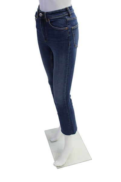 Zara Womens Zipper Fly High Rise Medium Wash Fringe Straight Jeans Blue Size 0