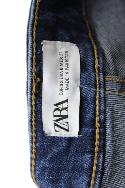 Zara Womens Zipper Fly High Rise Medium Wash Fringe Straight Jeans Blue Size 0