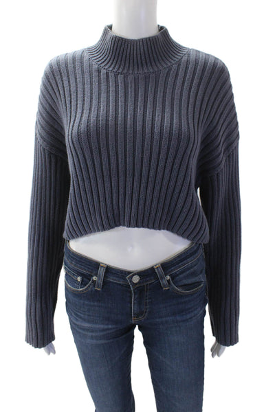Zara Womens Cotton Ribbed High Neck Long Sleeve Cropped Sweater Blue Size M