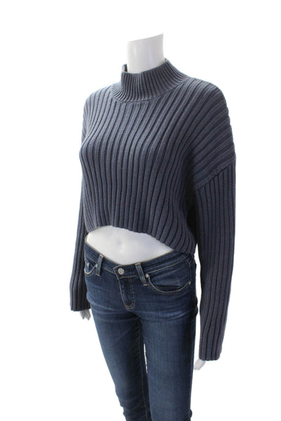 Zara Womens Cotton Ribbed High Neck Long Sleeve Cropped Sweater Blue Size M