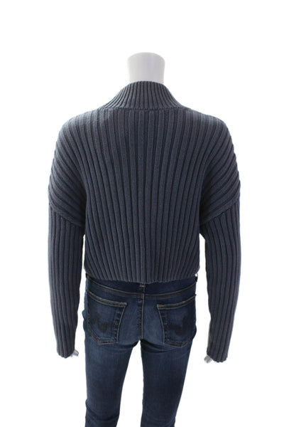 Zara Womens Cotton Ribbed High Neck Long Sleeve Cropped Sweater Blue Size M