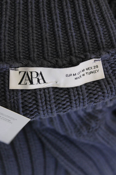 Zara Womens Cotton Ribbed High Neck Long Sleeve Cropped Sweater Blue Size M
