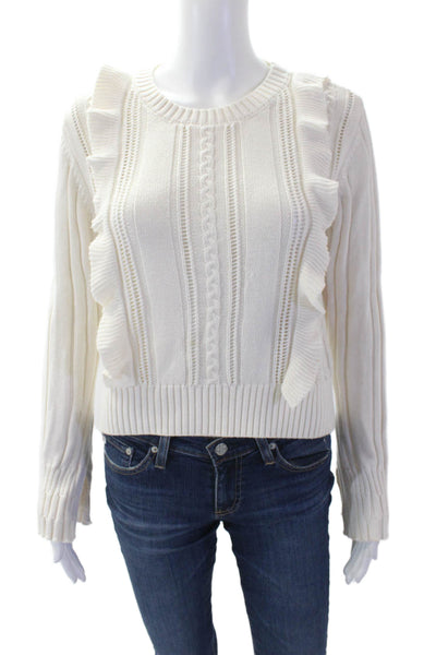 Heartloom Womens Knitted Ruffled Detail Cropped Crew Neck Sweater White Size S