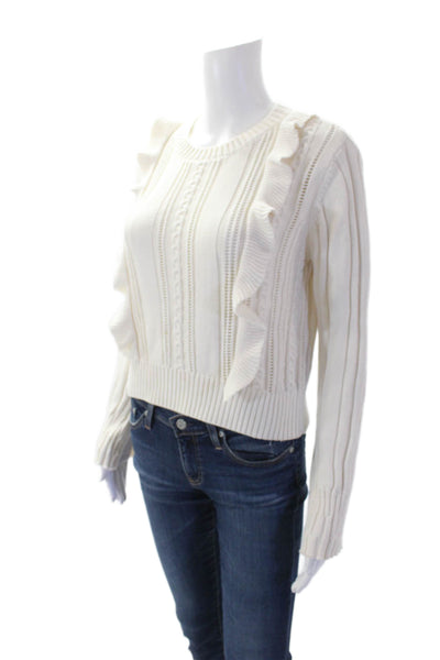 Heartloom Womens Knitted Ruffled Detail Cropped Crew Neck Sweater White Size S