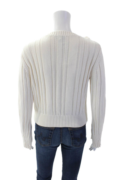 Heartloom Womens Knitted Ruffled Detail Cropped Crew Neck Sweater White Size S