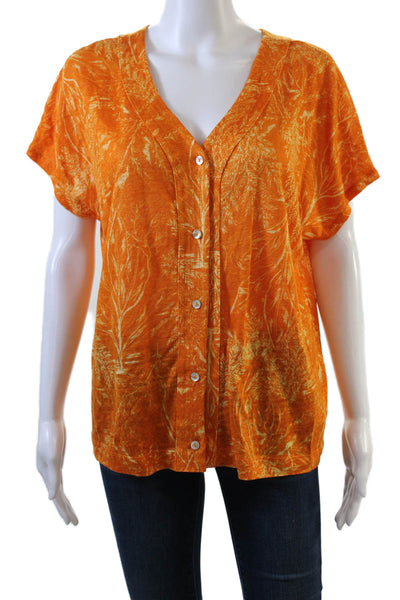 Tahari Womens Button Front Short Sleeve Leaf Printed Linen Top Orange Size Large