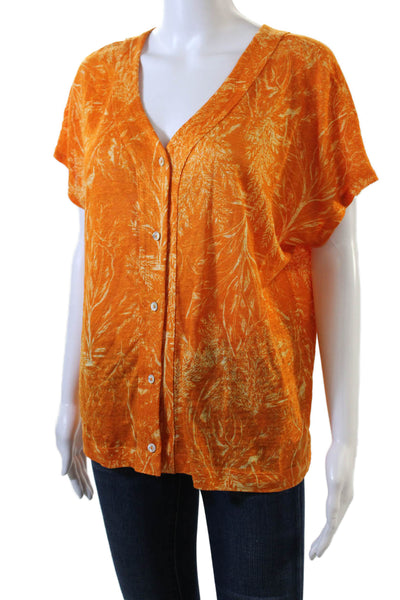 Tahari Womens Button Front Short Sleeve Leaf Printed Linen Top Orange Size Large