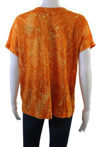 Tahari Womens Button Front Short Sleeve Leaf Printed Linen Top Orange Size Large