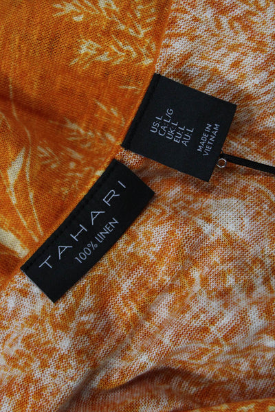Tahari Womens Button Front Short Sleeve Leaf Printed Linen Top Orange Size Large