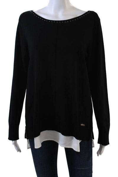 Calvin Klein Womens Long Sleeve Scoop Neck Layered Knit Top Black White Medium