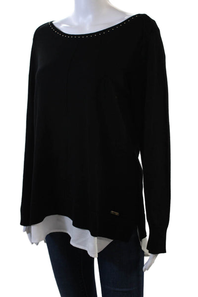 Calvin Klein Womens Long Sleeve Scoop Neck Layered Knit Top Black White Medium