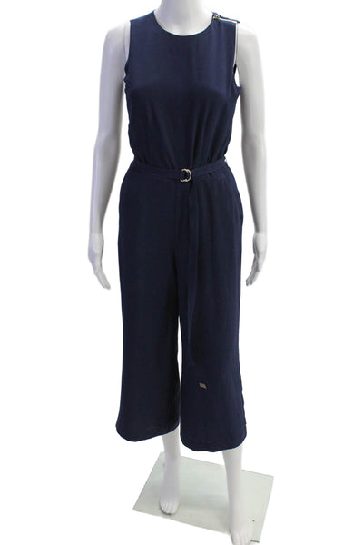 Michael Michael Kors Womens Belted Sleeveless Wide Leg Jumpsuit Navy Blue Size 0