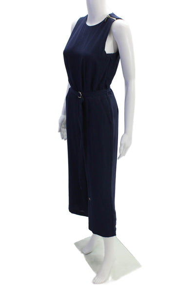 Michael Michael Kors Womens Belted Sleeveless Wide Leg Jumpsuit Navy Blue Size 0