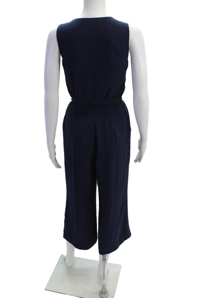 Michael Michael Kors Womens Belted Sleeveless Wide Leg Jumpsuit Navy Blue Size 0