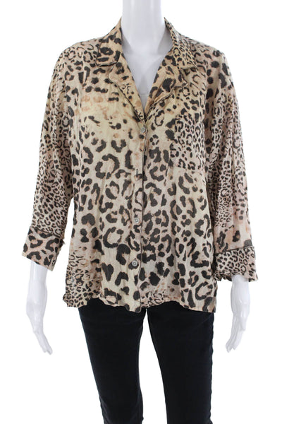 Natori Womens Cotton Long Sleeve Leopard Print Button Down Blouse Beige Size M