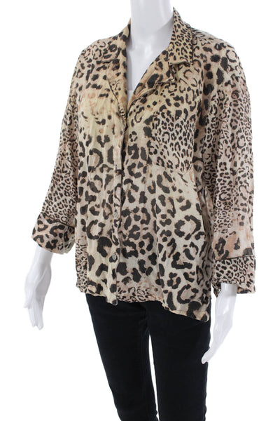 Natori Womens Cotton Long Sleeve Leopard Print Button Down Blouse Beige Size M