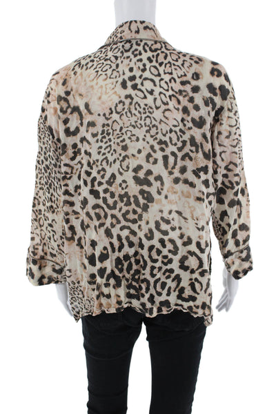 Natori Womens Cotton Long Sleeve Leopard Print Button Down Blouse Beige Size M