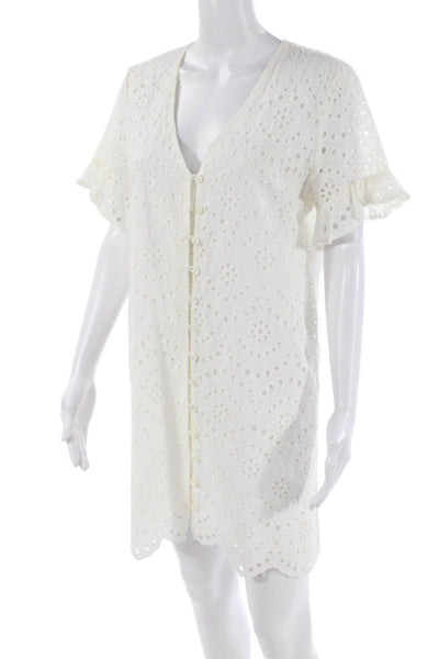 Walker & Wade Womens V Neck Eyelet Lace Button Down Dress White Size M