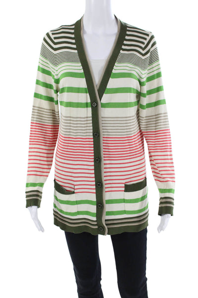 Milly Womens Button Front Striped Silk Knit Cardigan Sweater White Multi Large