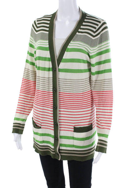 Milly Womens Button Front Striped Silk Knit Cardigan Sweater White Multi Large