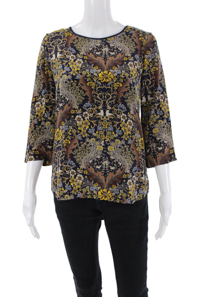 Club Monaco Womens Floral Print Long Sleeves Blouse Navy Blue Multi Colored Size