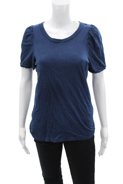 Sundays Womens Cotton Short Sleeve Basic Blouse Top Solid Blue Size 2