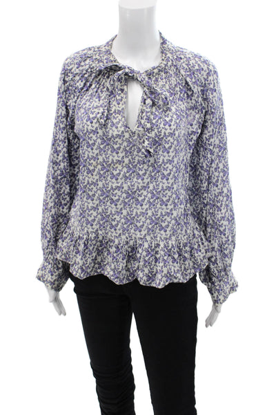 Sundays Womens Butterfly Print Long Sleeve Y-Neck Blouse Blue Size 1