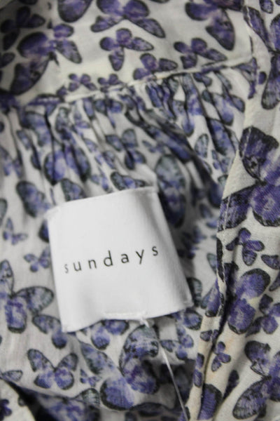 Sundays Womens Butterfly Print Long Sleeve Y-Neck Blouse Blue Size 1