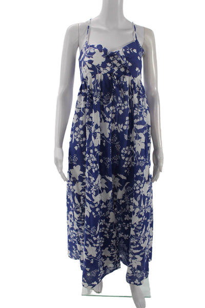 Zara Womens Floral Sleeveless Zippered V-Neck Midi Dress Blue Size XS