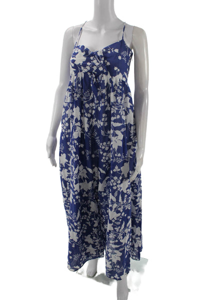 Zara Womens Floral Sleeveless Zippered V-Neck Midi Dress Blue Size XS