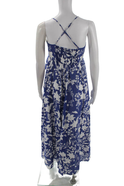 Zara Womens Floral Sleeveless Zippered V-Neck Midi Dress Blue Size XS