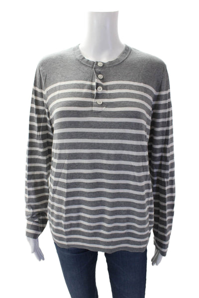 Vince Womens Striped Long Sleeve Button-Up Knit Blouse Top Gray Size M