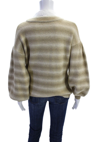 Something Navy Womens Knit Striped Collared Pullover Sweater Top Beige Size S
