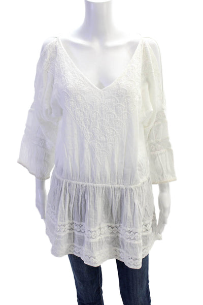 Samson Womens Embroidered V Neck A Line Dress White Cotton Size Large