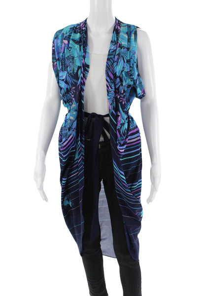 Cole of California Womens Floral Tied Sleeveless Cover-Up Blouse Blue Size M